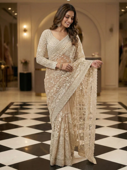 Beige Net Heavy Hand Embroidery Saree With Readymade Blouse-4 - Image 6